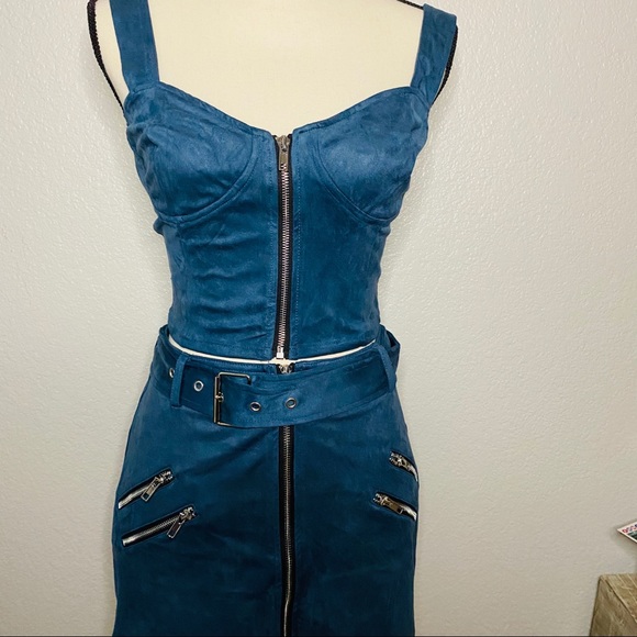 NEW Teal Suede 2 Piece Skirt and Crop Top Set - Picture 2 of 7